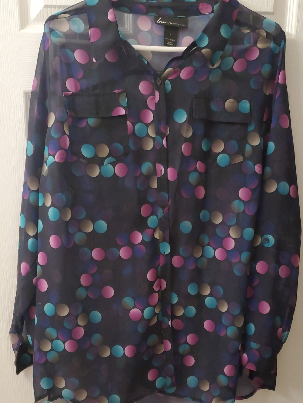 Lane Bryant Navy Sheer Blouse with Teal, Pink & Cream Polka Dots